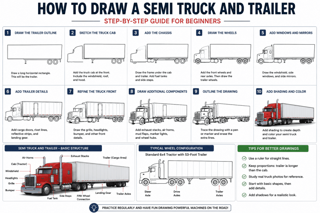 How to Draw a Semi Truck and Trailer: Step-by-Step Guide for Beginners